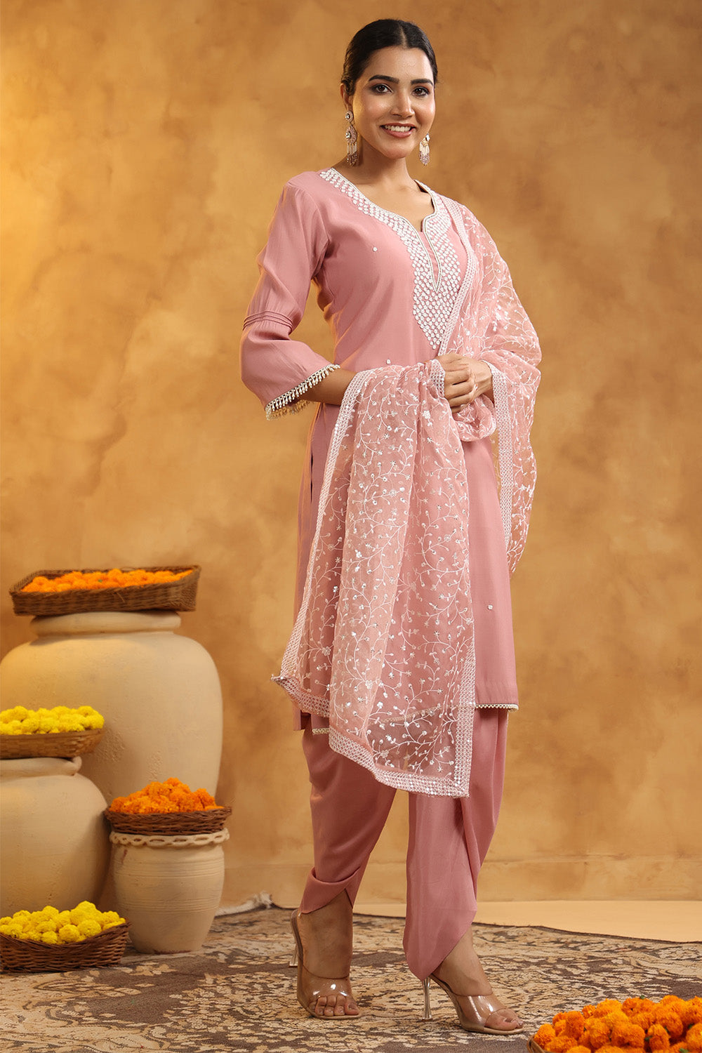 Dusty Pink Color Cotton Neck Embroidered Unstitched Suit Fabric