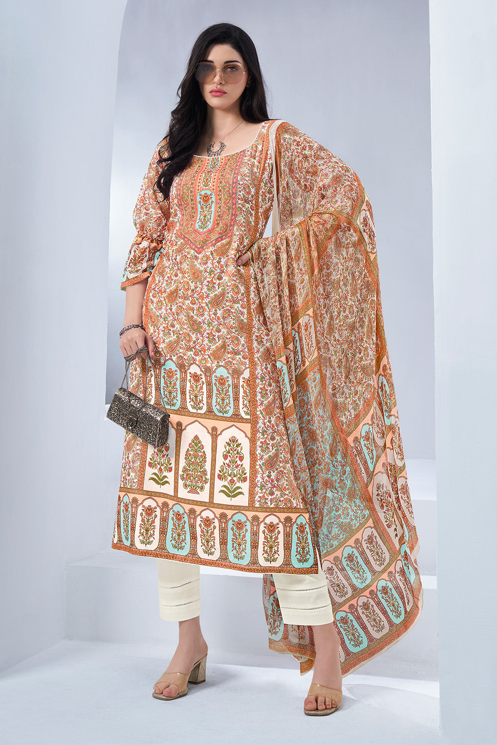White & Rust Color Digital Printed Cotton Unstitched Suit Material