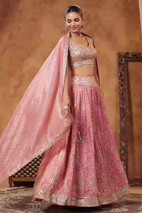 Pink Color Tissue Silk Embroidered Lehenga