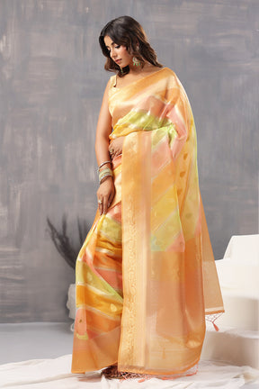 Orange Color Color Organza Golden Zari Woven Saree