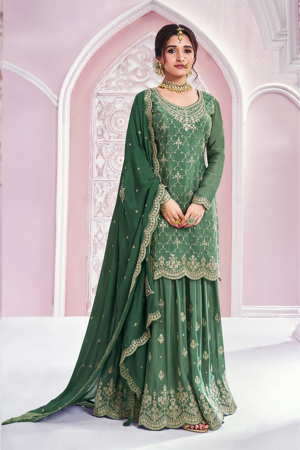 Green Color Chinon Crepe Embroidered Unstitched Suit Fabric With Stitched Sharara