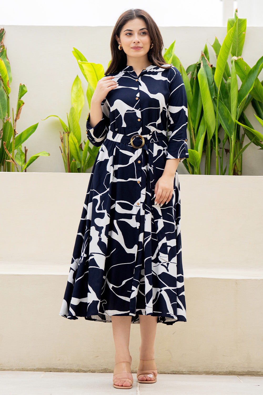 Navy Blue Color Rayon Printed Peonies Dress