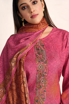 Deep Rose Color Spun Embroidered and Printed Unstitched Suit Material