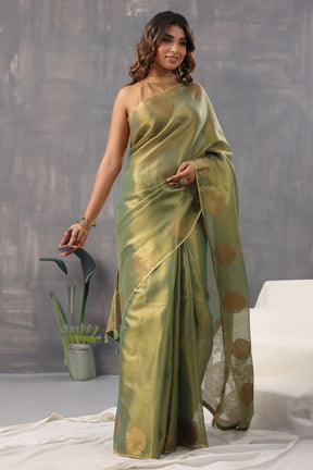 Green Color Organza Cotton Golden Zari Woven Saree