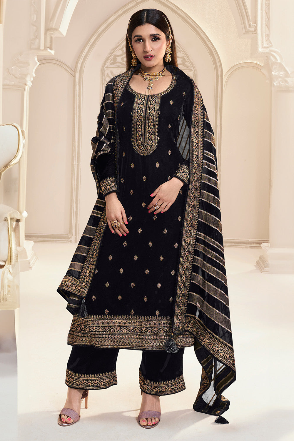 Black Color Embroidered Velvet Unstitched Suit Material