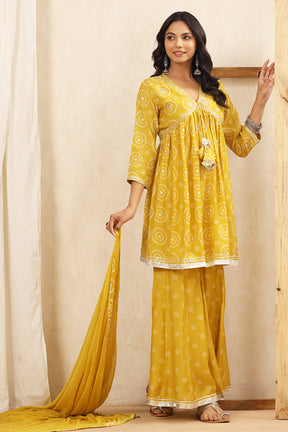 Mustard Color Crepe Silk Bhandhani Printed Alia-Cut Suit With Gharara