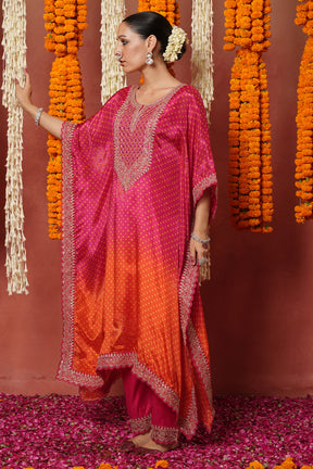 Fuchsia Pink Color Crepe Silk Bandhani Printed  Kaftan Set