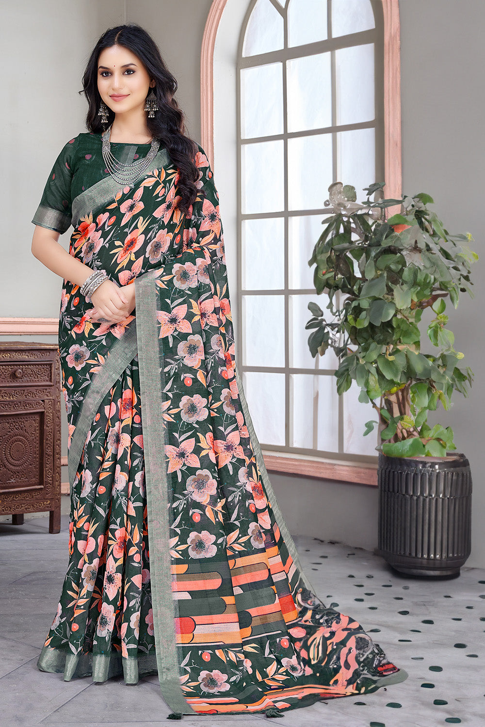 Bottle Green Color Cotton Printed Saree