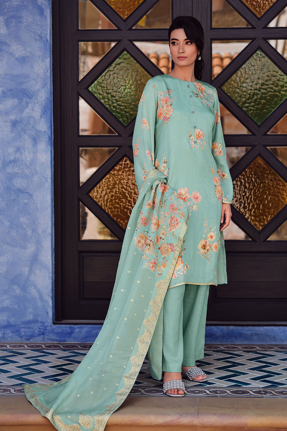 Turquoise Color Crepe Silk Printed Unstitched Suit Fabric