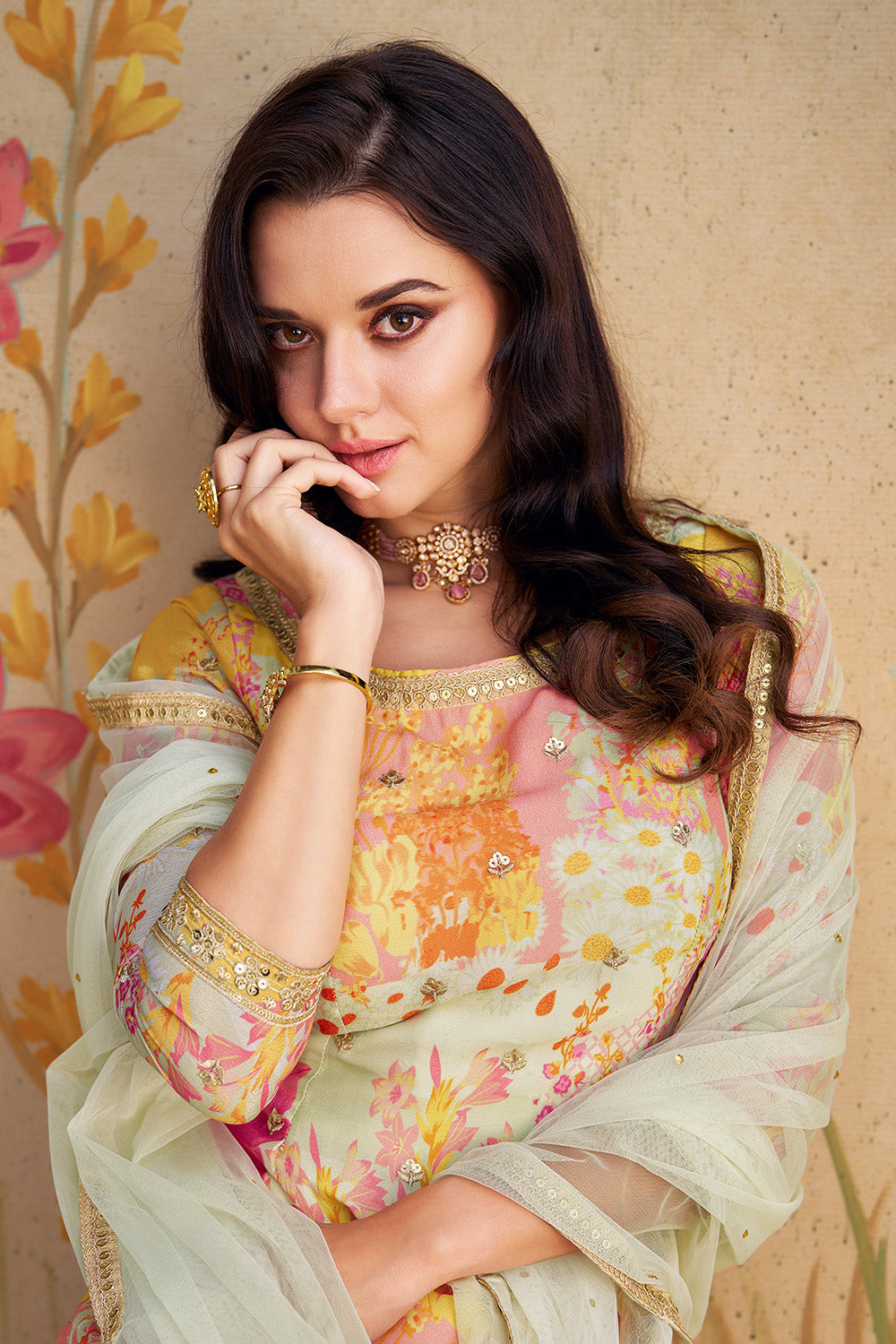 Cream Color Crepe Silk Printed & Embroidered Suit With Sharara