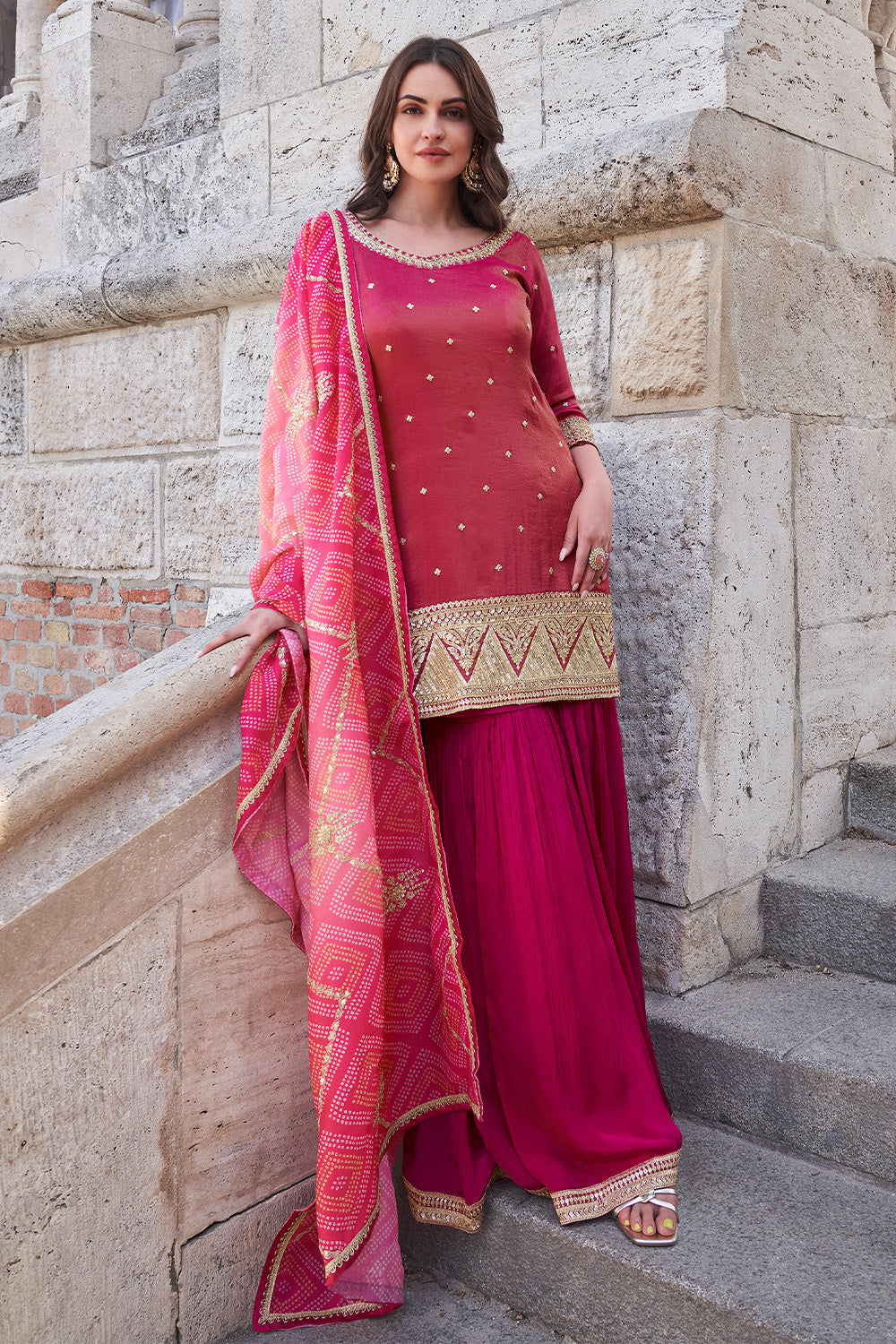 Deep Carmine Color Metallic Tissue Embroidered Suit With Sharara