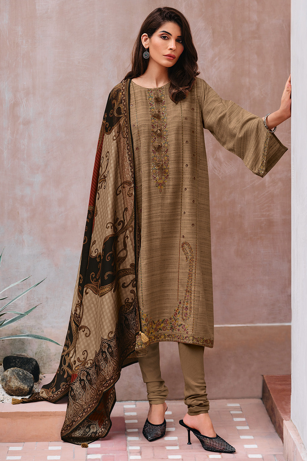 Beige Colour Resham Embroidered Tussar Silk Unstitched Suit Fabric