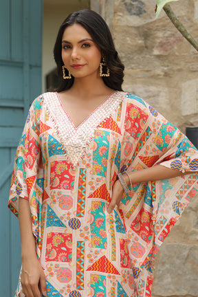 Beige Color Muslin Printed Kaftan Set