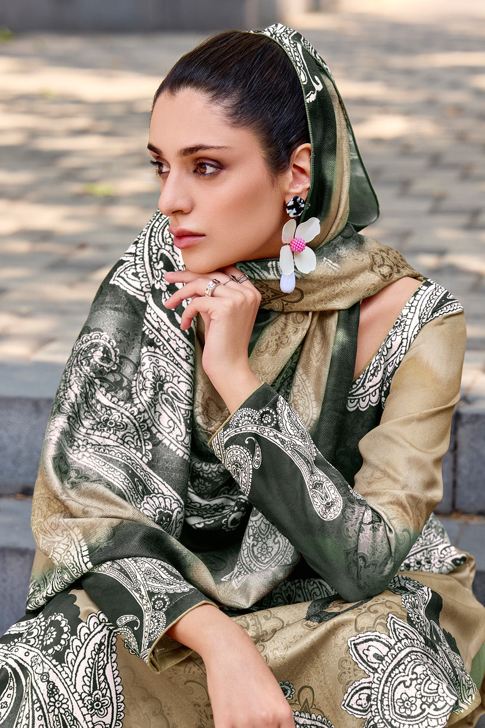 Beige and Black Color Spun Printed Unstitched Suit