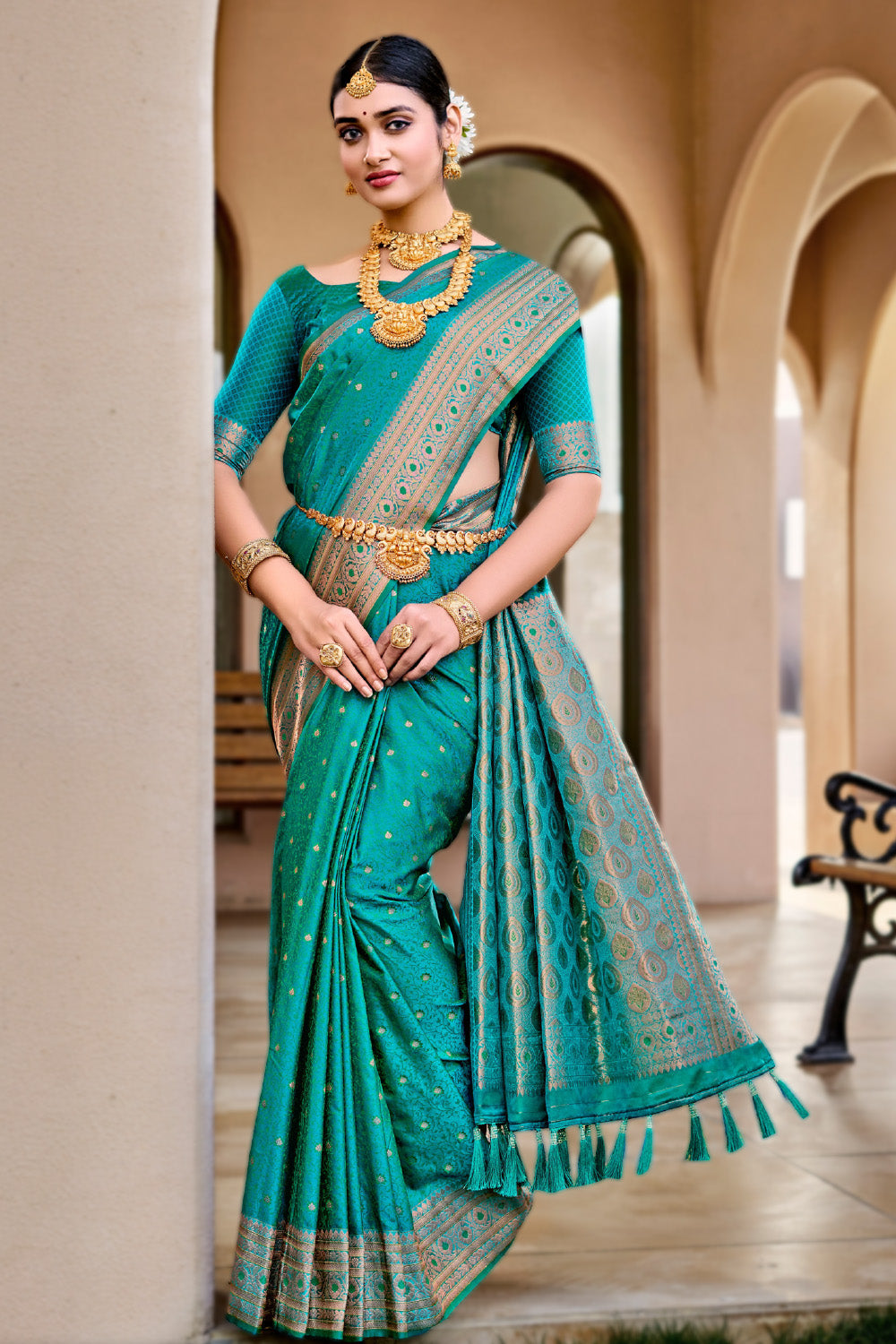 Teal Green Color Woven South Silk Saree