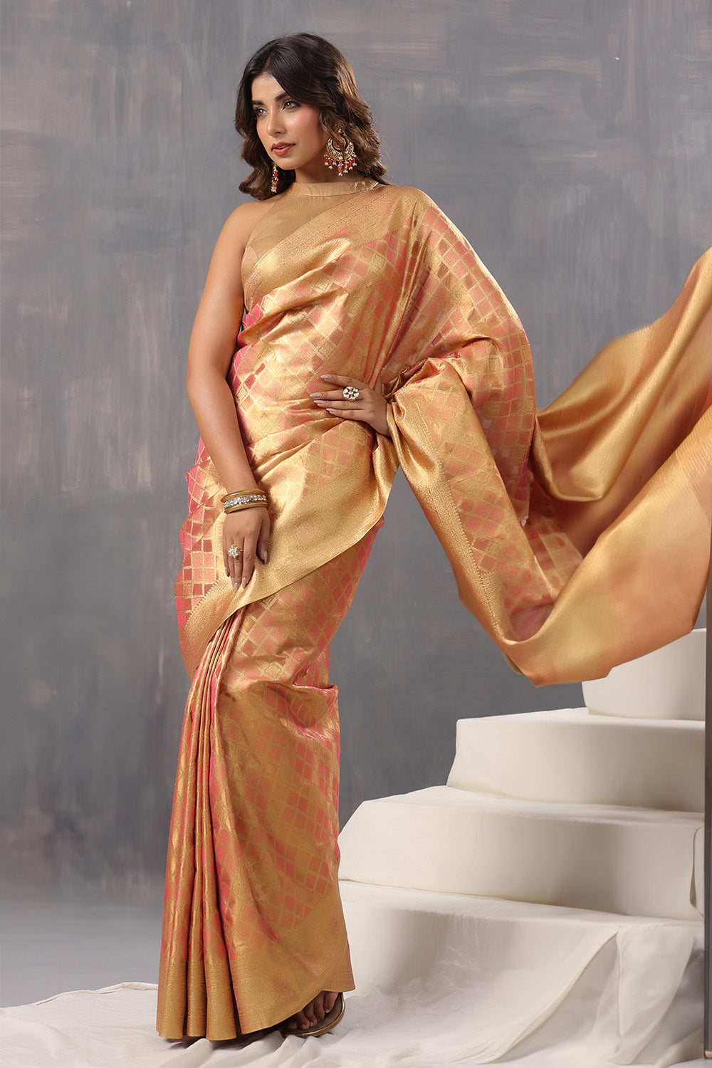 Golden & Coral Color Silk Woven Saree
