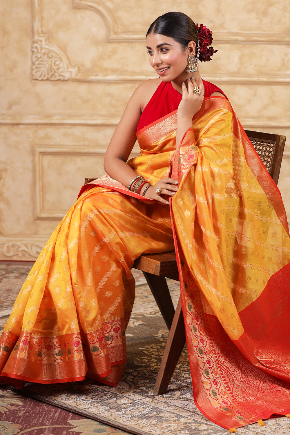 Mustard Color Organza Cotton Woven Saree