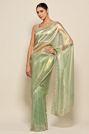 Mint Green Color Mantellic Tissue Embroidered Saree