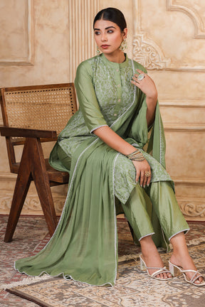 Green Color Chanderi Resham Embroidered Straight Suit