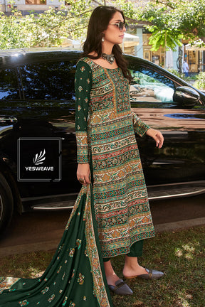 Green Color Printed Spun Fabric Unstitched Suit