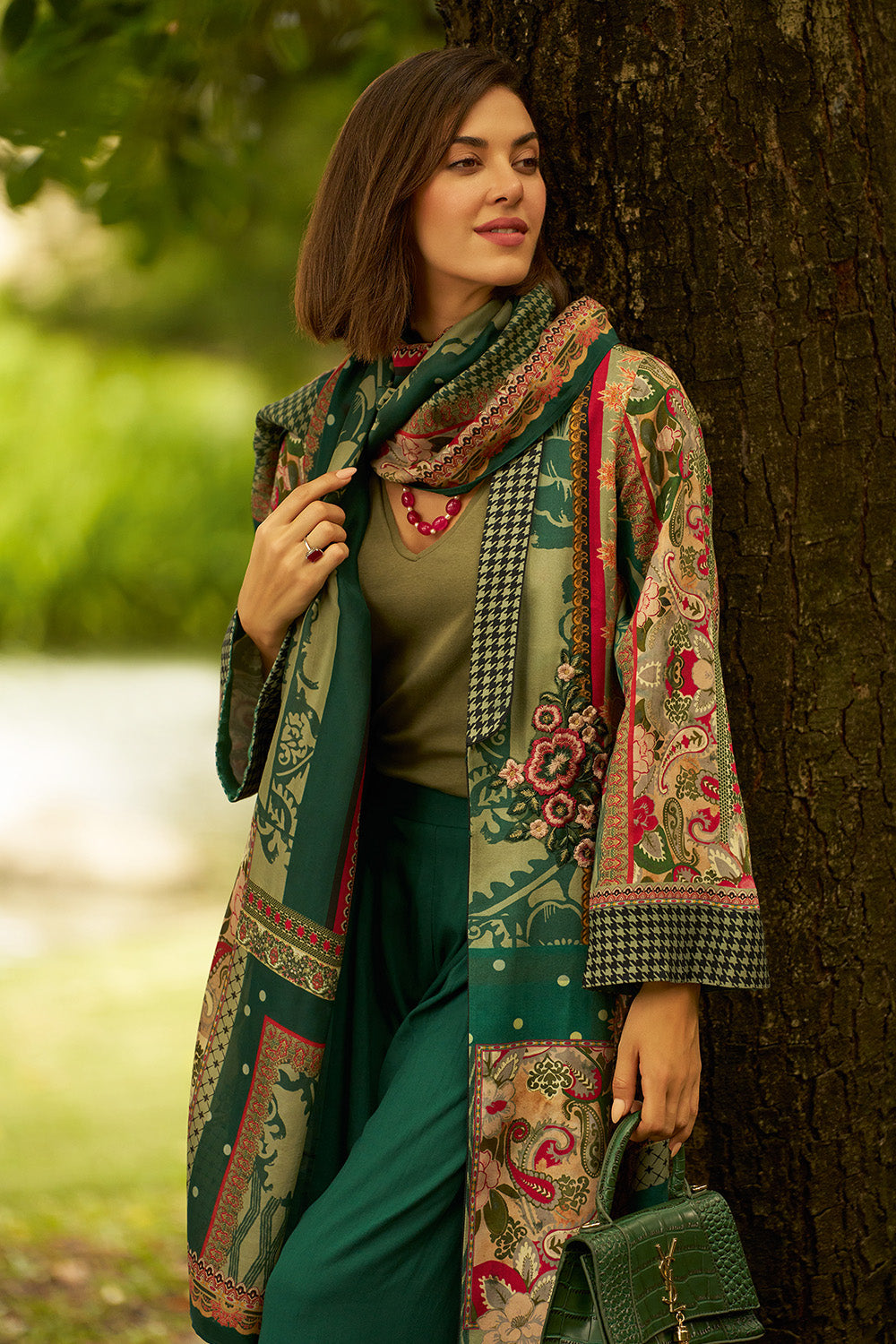 Green Colour Resham Embroidered And Printed Unstitched Suit