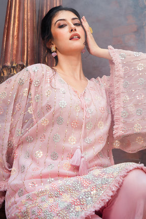 Rose Pink Color Georgette Mirror & Thread Embroidered Kurta Set