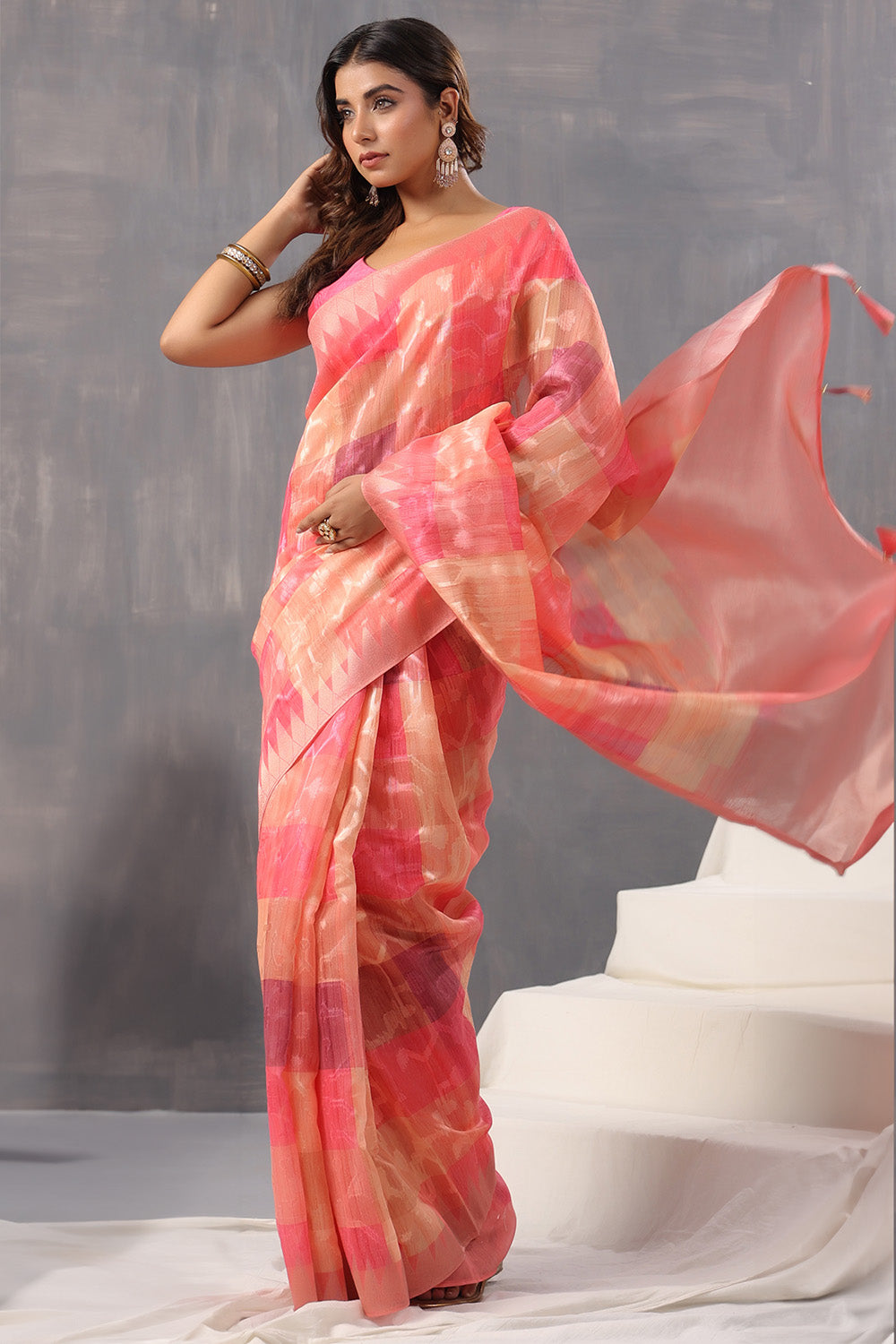 Coral Color Organza Woven Saree