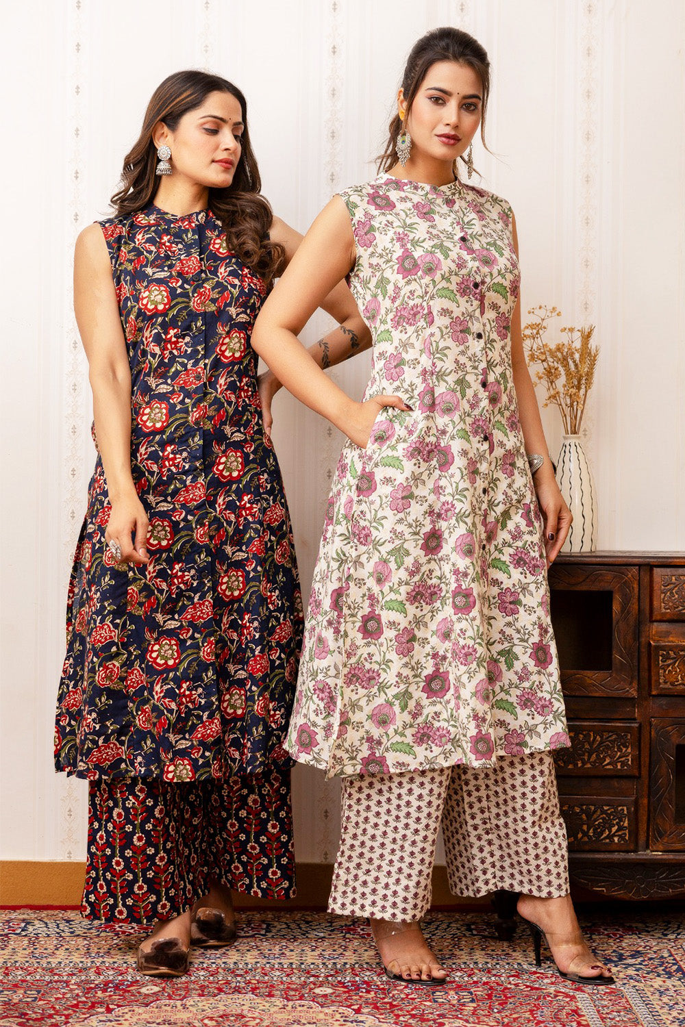 Navy Blue Color Floral Printed Cotton Kurta Set