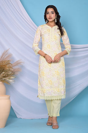 Lemon Yellow Color Cotton Hakoba Style Printed Straight Suit