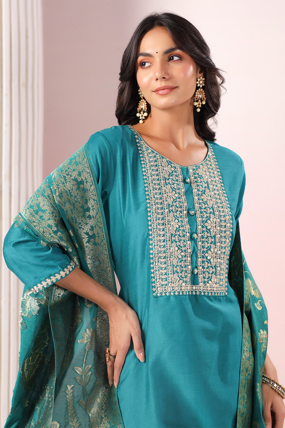 Teal Color Neck Embroidered Cotton Straight Suit with Banarsi Dupatta