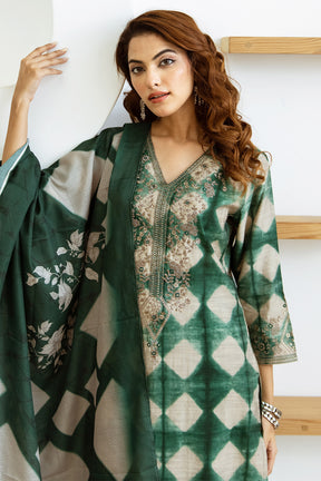 Green & Beige Color Muslin Checks Printed Suit