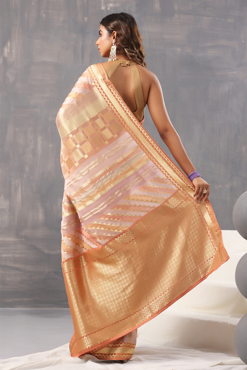 Peach & Beige Color Crepe Silk Woven Saree