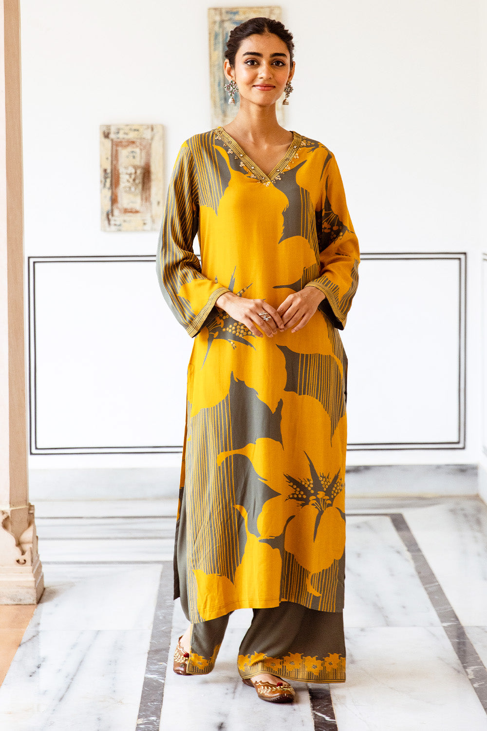 Mustard Color Floral Rayon Printed Kurta Set With Palazzo