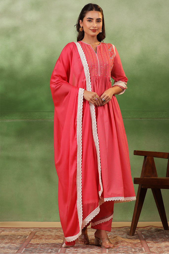 Coral Pink Color Cotton Neck Embroidered Anarkali Suit