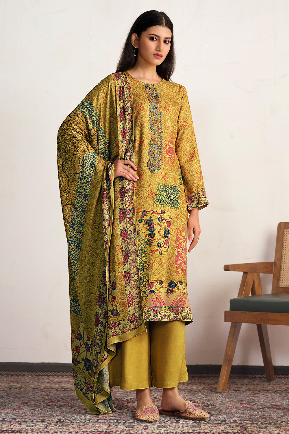 Mustard Color Spun Embroidered and Printed Unstitched Suit Material