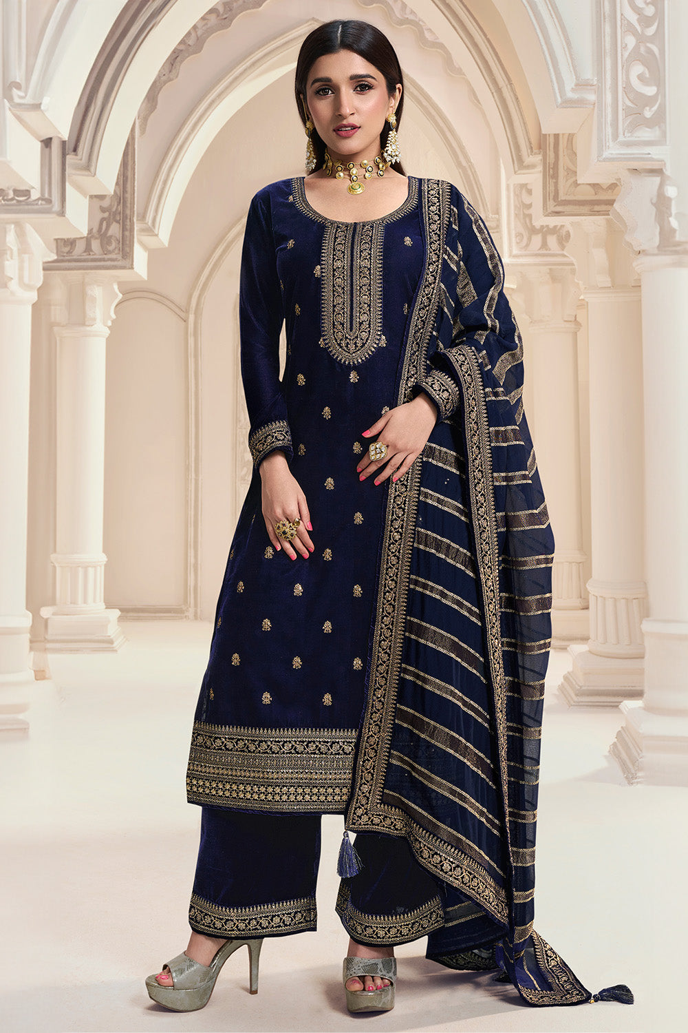 Navy Blue Color Embroidered Velvet Unstitched Suit Material