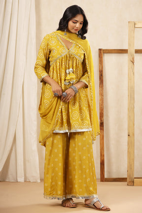 Mustard Color Crepe Silk Bhandhani Printed Alia-Cut Suit With Gharara