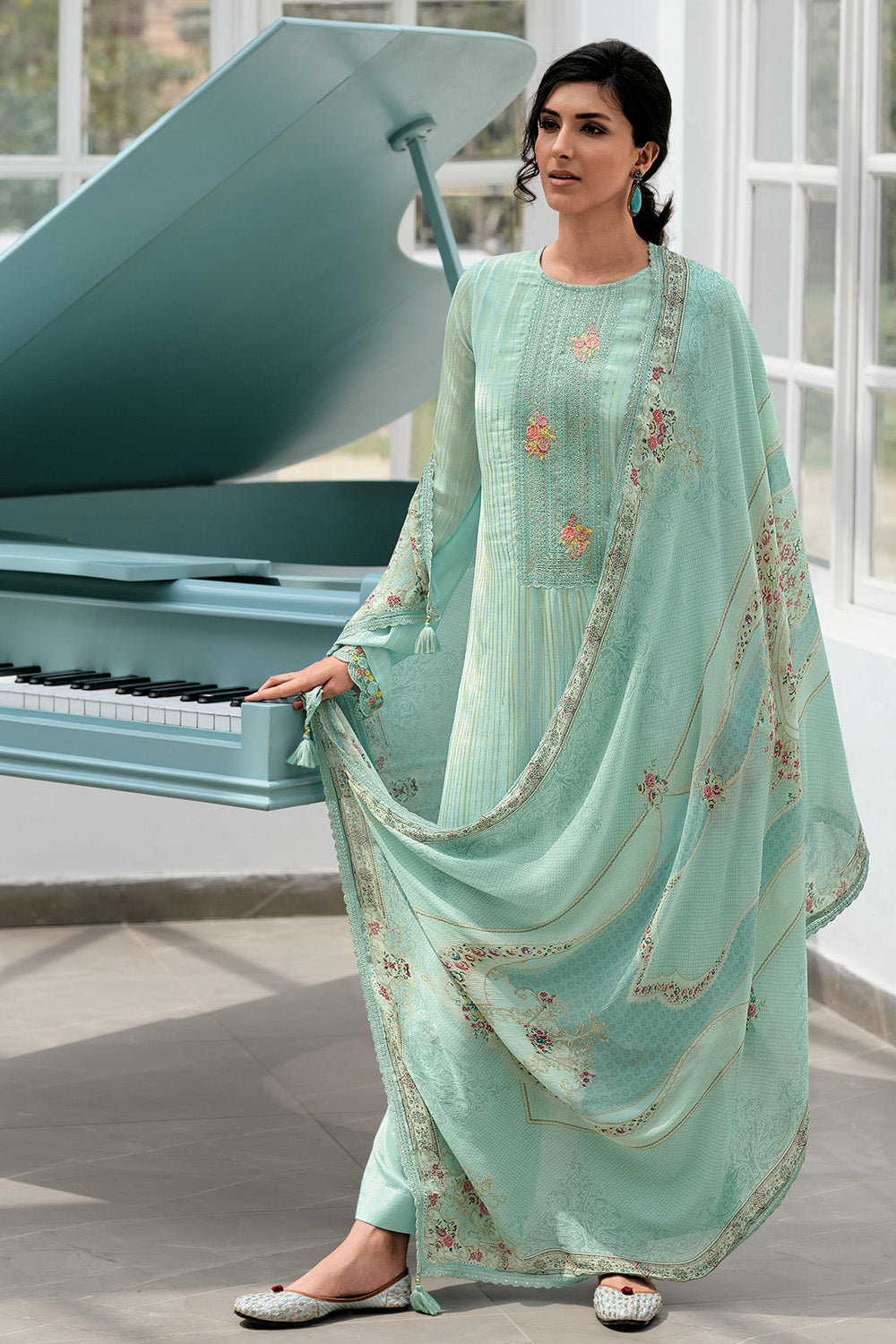 Turquoise Color Silk Resham Embroidered Unstitched Suit Material