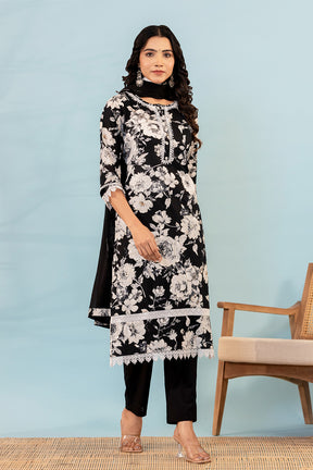 Black Color Cotton Floral Printed Suit Set