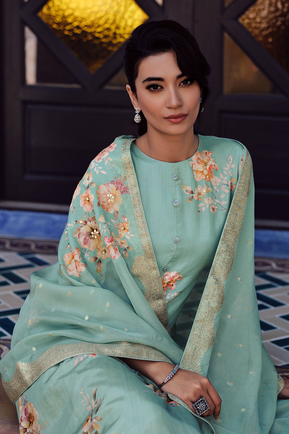 Turquoise Color Crepe Silk Printed Unstitched Suit Fabric