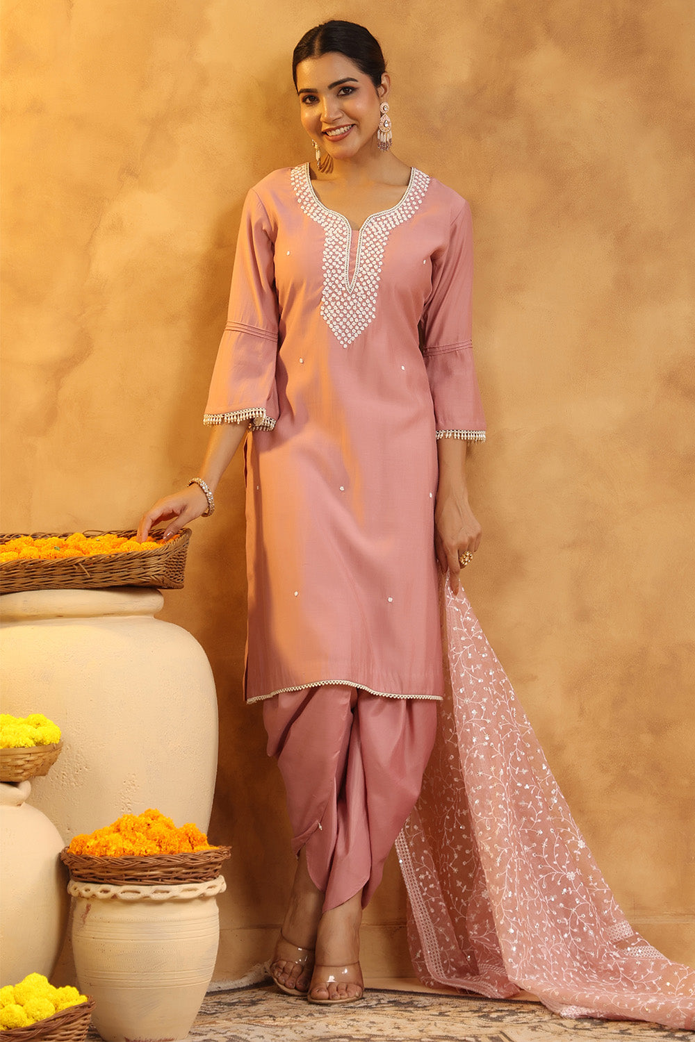 Dusty Pink Color Cotton Neck Embroidered Unstitched Suit Fabric