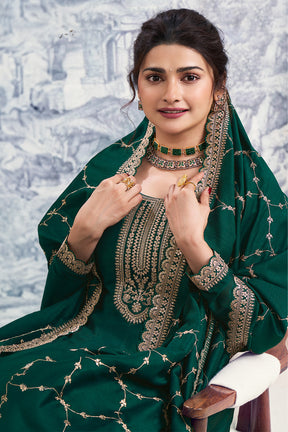 Bottle Green Color Silk Zari Embroidered Semi-Stitched Suit Material