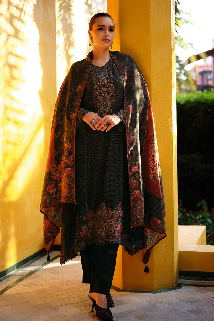 Black Color Spun Printed & Embroidered Unstitched Suit