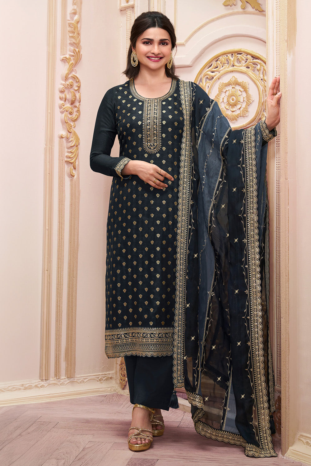 Black Color Zari Embroidered Silk Unstitched Suit Fabric