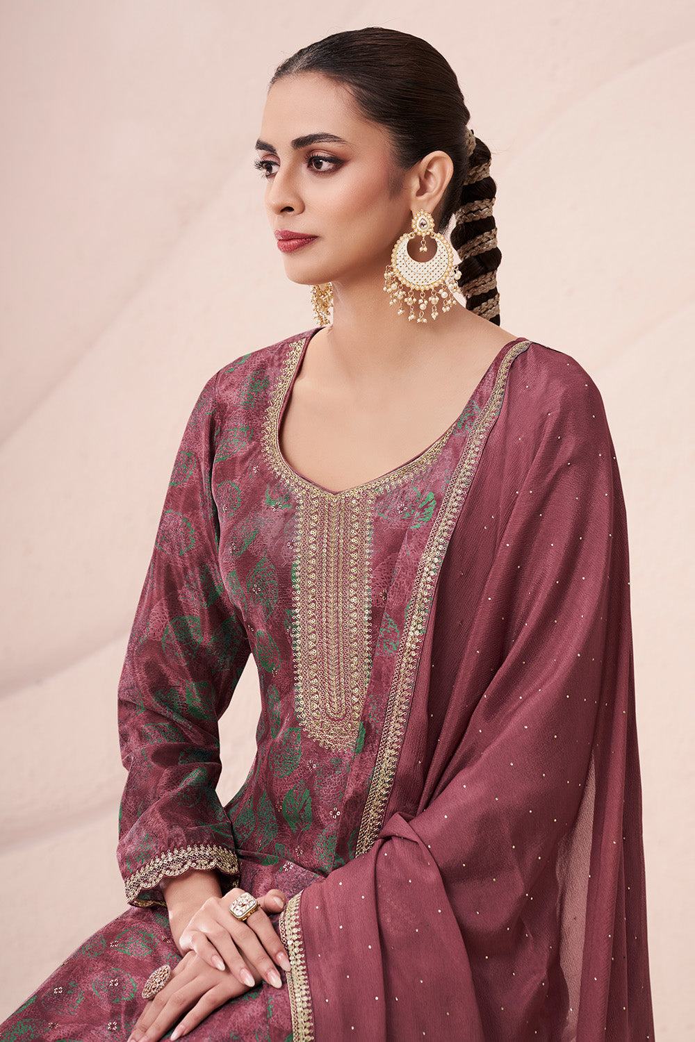 Light Maroon Color Chinon Silk Printed and Embroidered Unstitched Suit Material