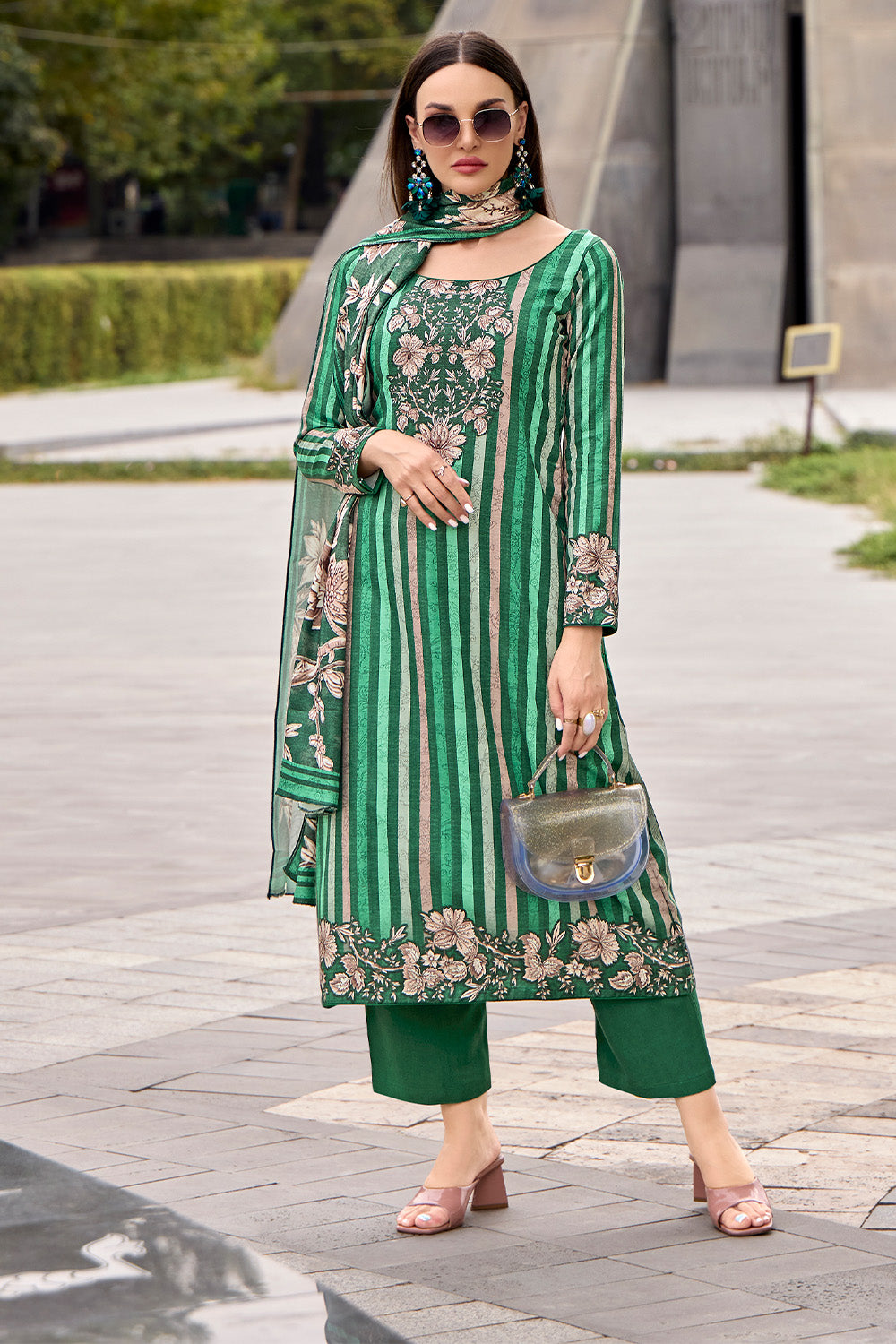 Green Color Strips And Floral Printed Spun Unstitched Suit Fabric