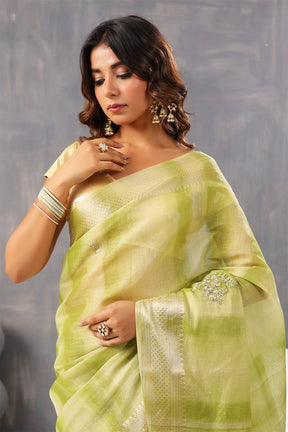 Green Color Organza Tissue Golden Zari Woven Saree