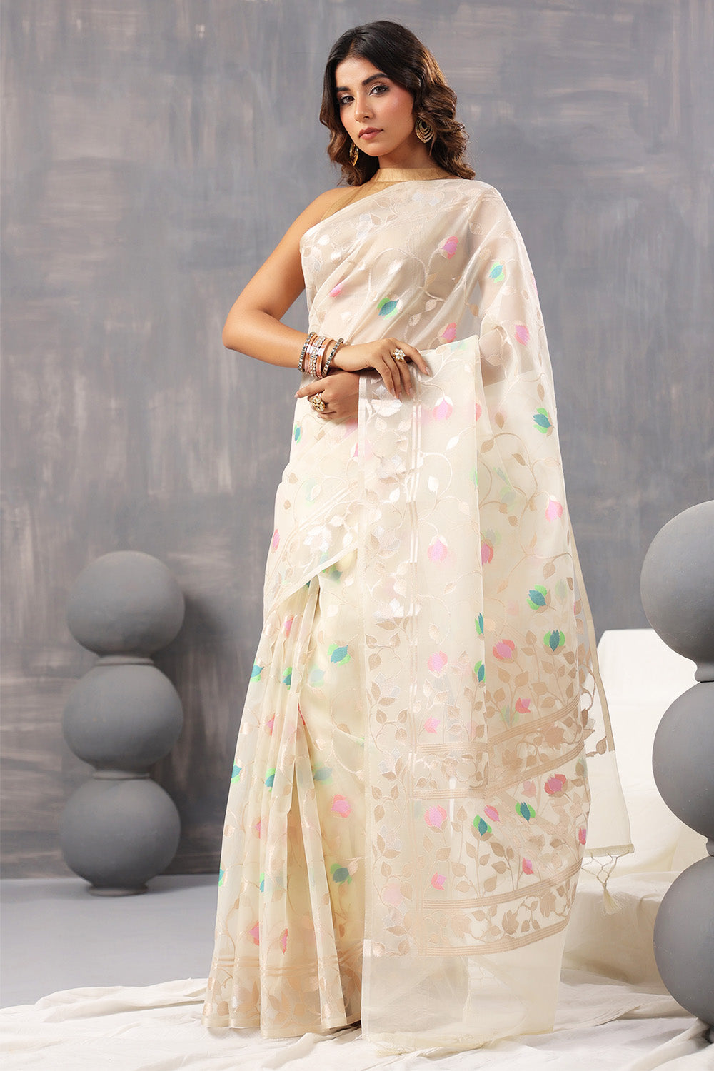 Cream Color Organza Woven Saree