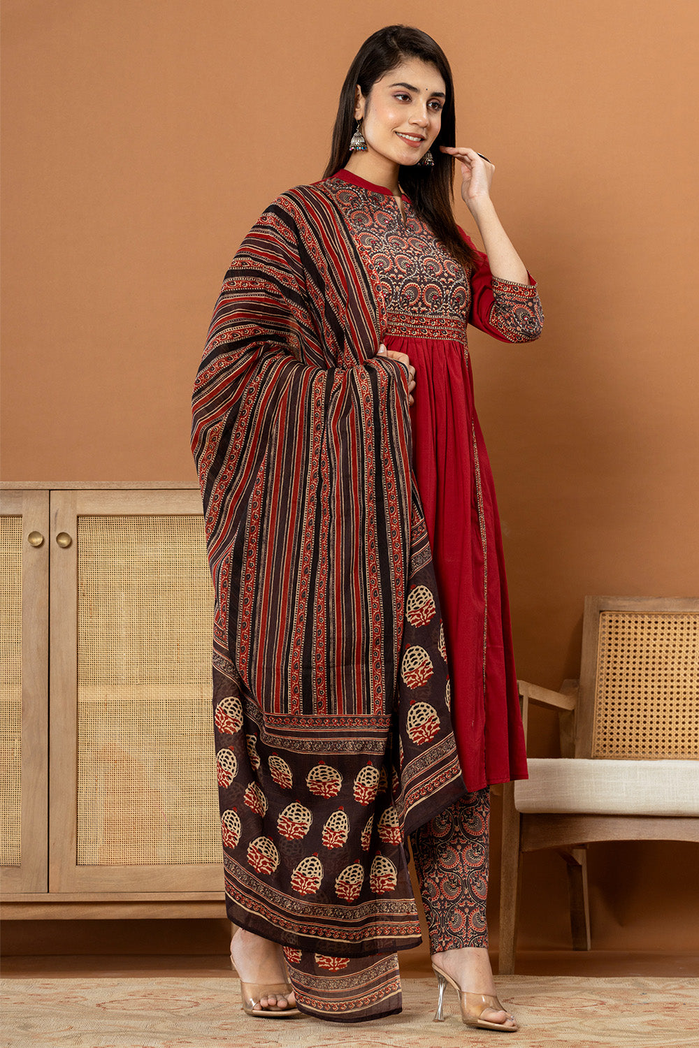 Maroon Color Printed Cotton Anarkali Suit