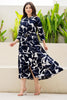 Navy Blue Color Rayon Printed Peonies Dress